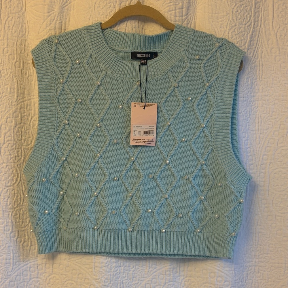 Missguided Light Blue Pearl Embellished Crop Top